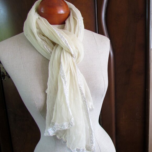 SHEER SCARF w GLITTER EDGES, 68" x 23" LONG RECTANGLE OFF-WHITE VINTAGE - Picture 2 of 6